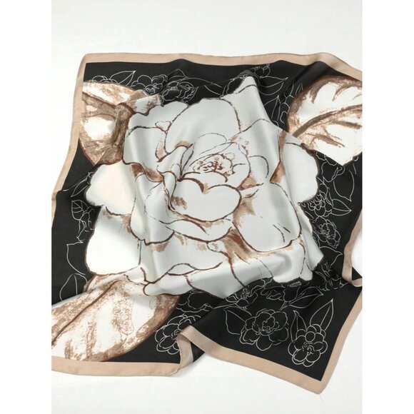 ✨New Elegant Bandana Square Silky Scarf Soft FLORAL BIG ROSE Black Brown Luxury✨ - Picture 6 of 7